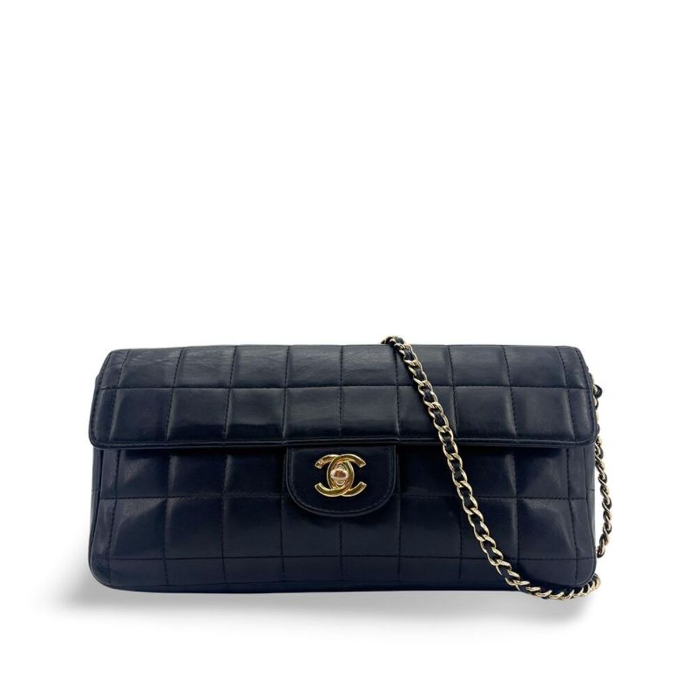 Chanel Chocolate Bar East West Flap Shoulder Bag Black Gold Hardware